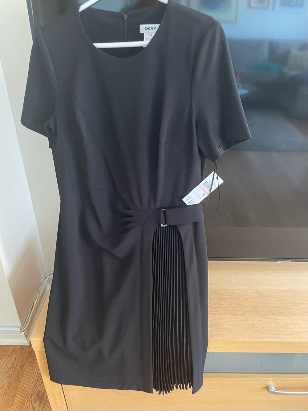 DKNY Black Short Sleeve Belted Dress with Pleated Panel